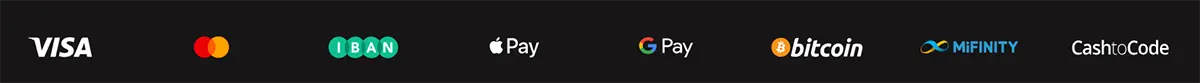 Payment methods banner displaying Visa, Mastercard, IBAN, Apple Pay, Google Pay, Bitcoin, MiFinity, and CashtoCode logos on a dark background.